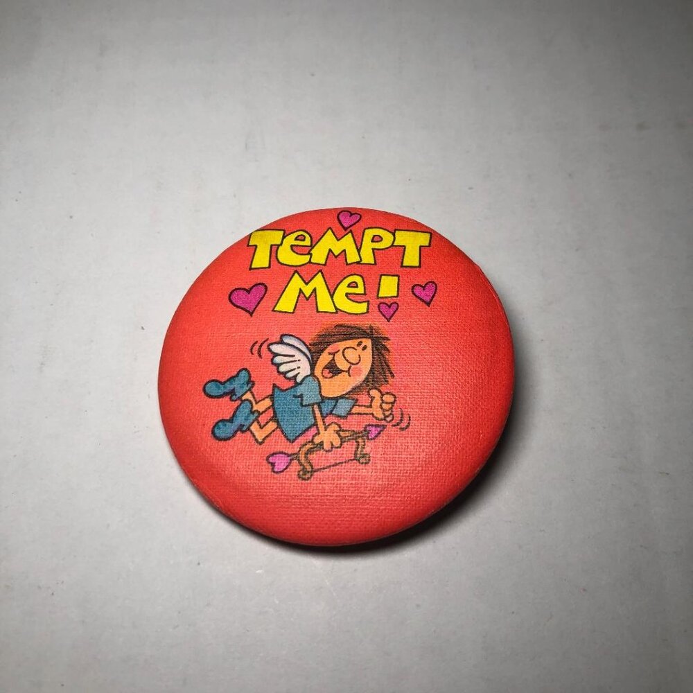 Vintage Hallmark Tempt Me Button Pin Valentines Day Cupid Hearts 1981 80's